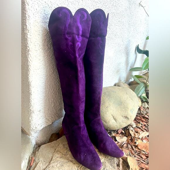 Vintage Escada Suede Boots purple ribbon detail 36.5 - Picture 2 of 8